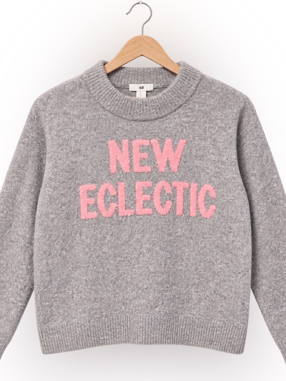 H&M New Eclectic Fuzzy Knit Sweater Gray Pink Graphic Pullover Size M